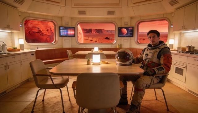 Astronaut sitting in mars habitat galley holding helmet with red planet viewports