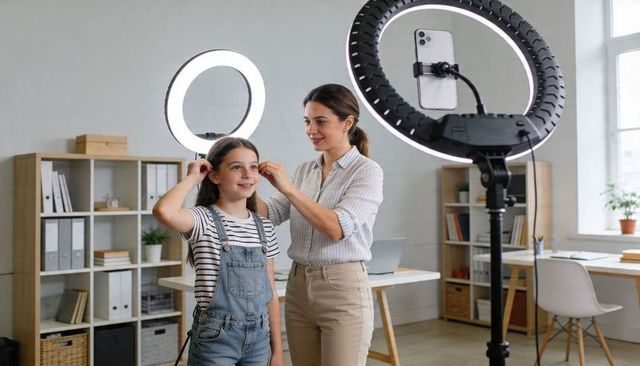 Mother Preparing Daughter for Home Video Content Creation with Ring Lights and Smartphone