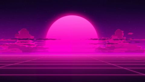 Glowing magenta sun dominating synthwave grid, neon clouds floating over retro horizon