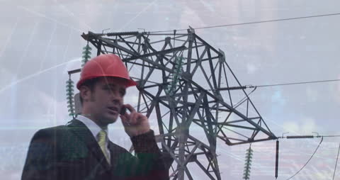 Businessman Using Phone with Power Grid Overlay Technology