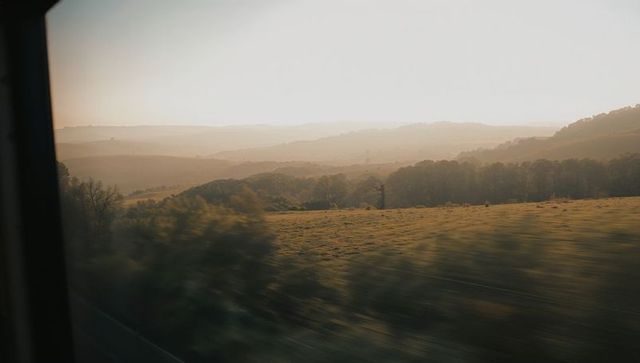 Passing sunlit rolling hills from moving train window during golden hour journey