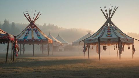 Misty dawn around artistic teepees with native patterns