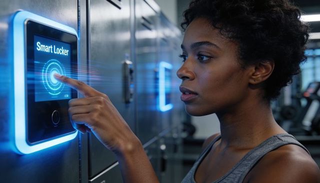 Woman touching smart locker touchscreen at gym with glowing blue biometric interface