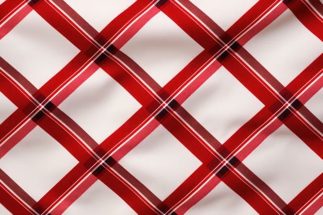 Closeup of red and white checkered fabric texture creating a geometric, intersecting pattern. Perfect for use in fashion design projects, textile patterns, backgrounds for digital graphics, or traditional craft projects. Can also be used as a seamless pattern for home decor such as tablecloths, curtains, or upholstery.