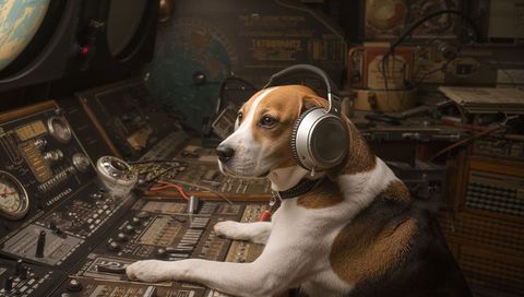 Beagle wearing headphones operating vintage radio console in retro control room