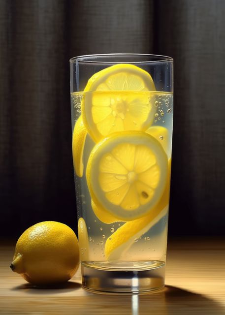 Glass of lemon juice and lemon on black background, created using generative ai technology. Juice, drink and refreshment concept digitally generated image.
