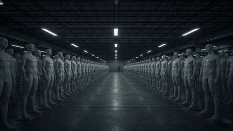 Symmetrical rows of mannequins in dimly lit industrial warehouse