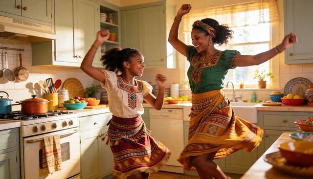 Mother and daughter dancing joyfully in colorful kitchen wearing embroidered skirts