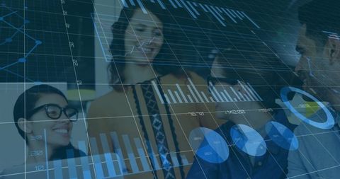 Professionals Examining Data on Transparent Screen in Modern Office