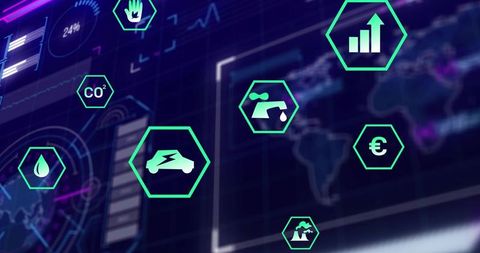 Neon-Green Hexagon Electric Vehicle Icon Displaying on Futuristic Digital Dashboard