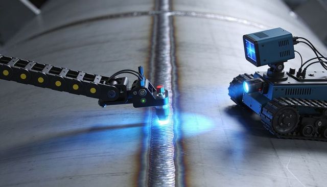 Tracked robot welding and laser inspecting metal seam for automated precision production
