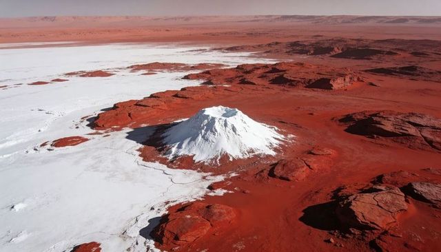 White-capped volcanic cone rising from red salt flats, aerial mars-like landscape