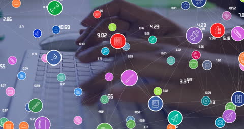 Network of Digital Icons with Hands Typing on Laptop Keyboard
