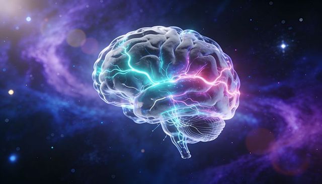 Translucent floating brain emitting neon neural currents against cosmic nebula backdrop