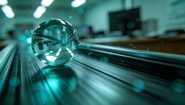 Crystal sphere reflecting teal laboratory lights on grooved rails, abstract optics concept