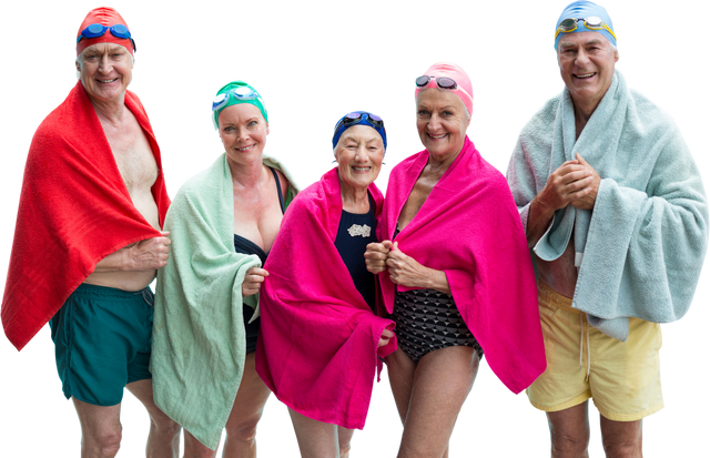 Senior Friends Enjoying Swimming in Colorful Towels Transparent Background - Download Free Stock Videos Pikwizard.com