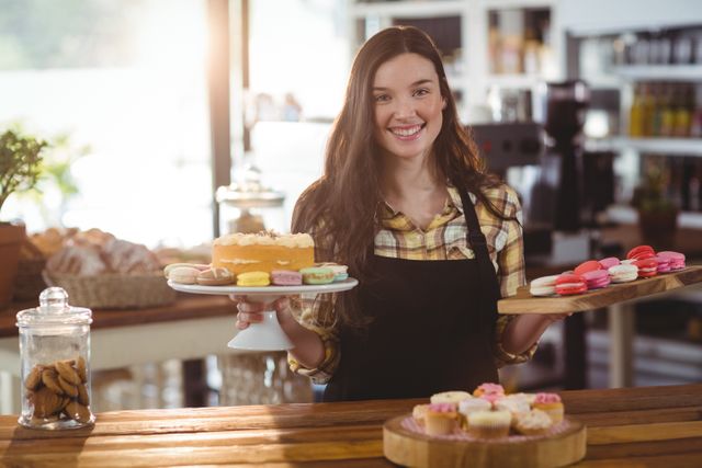 Portrait of waitress standing at counter with desserts in cafe