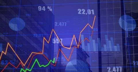 Neon financial dashboard overlay on urban glass towers showing stock trends and analytics