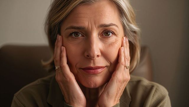 Contemplative mature woman holding face with hands, closeup serene natural portrait