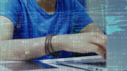 Caucasian Boy Using Laptop with Binary Code Overlay