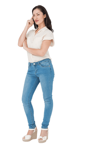 Thoughtful Young Woman Standing in Casual Outfit with Transparent Background