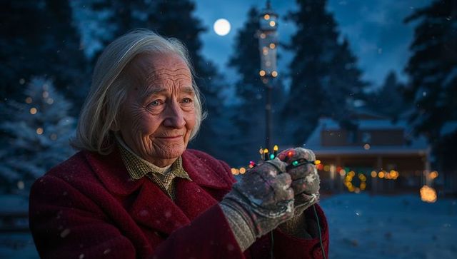 Elderly Woman Hypnotically Engaged in Gentle Arrangement of Lights amidst Serene Snowfall