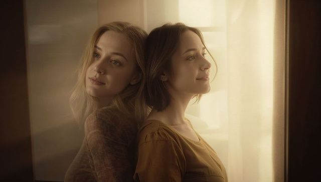 Backlit portrait of two women leaning back-to-back near sunlit window with sheer curtains