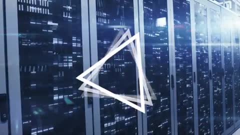 Futuristic Data Center with Overlaid Triangle Symbol