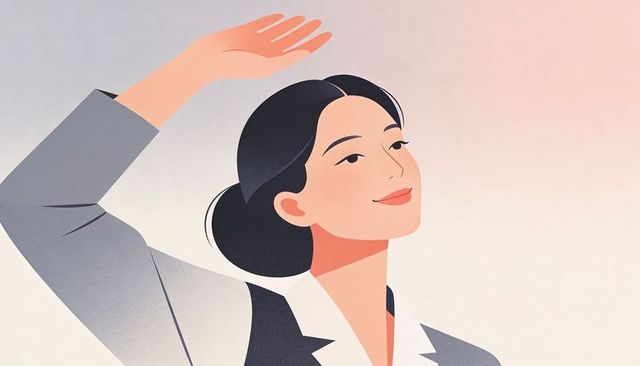 Smiling businesswoman tilting head and raising arm, minimalist corporate vector portrait