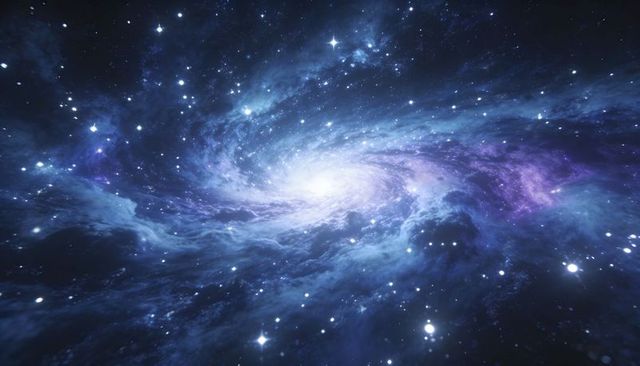 Glowing spiral galaxy with radiant blue-purple arms and luminous central core