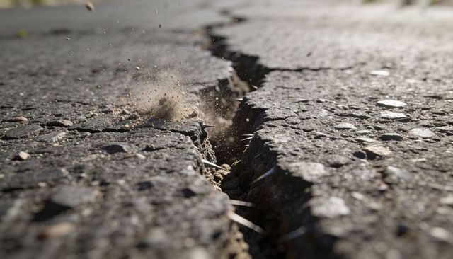 Jagged longitudinal crack running through asphalt road with airborne dust at sunset