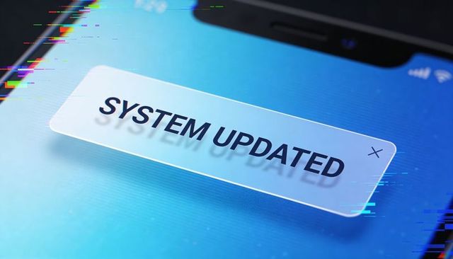 Smartphone notification showing system updated with glitch effects and ui banner