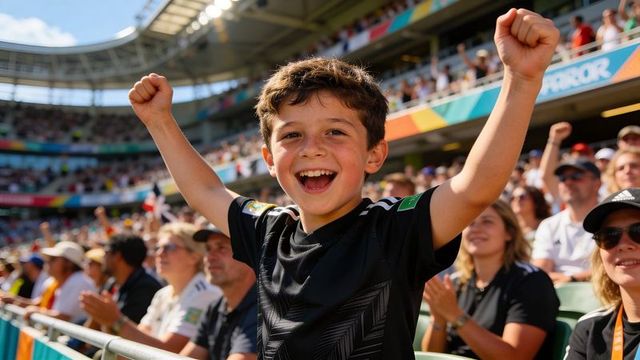 Joyful young fan cheering with raised arms in vibrant stadium crowd celebrating victory