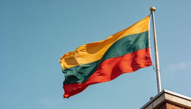 Lithuanian flag waving over brick parapet with frayed edge and gold finial against sky
