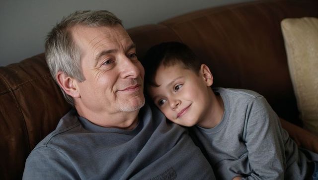 Father and son cuddling on brown leather couch sharing quiet tender moment