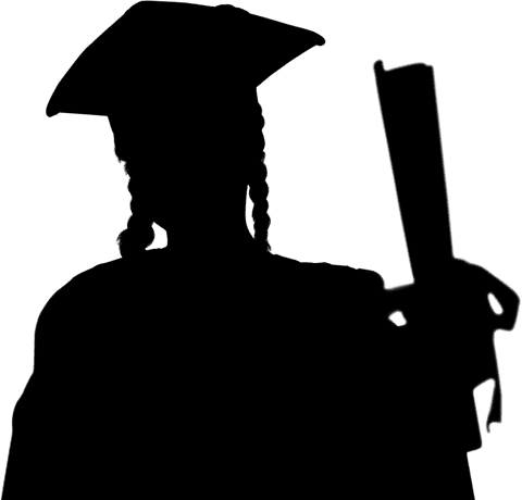 Silhouette of graduate woman holding diploma on transparent background