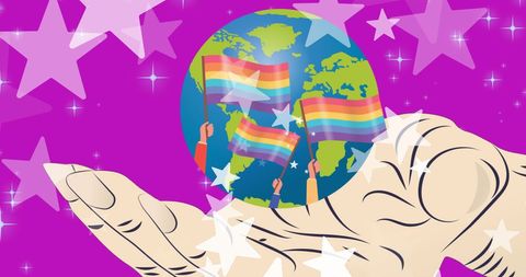 Hand Holding Globe with Pride Flags and Stars