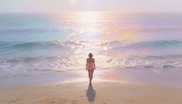 Standing woman facing iridescent ocean horizon on sunlit sandy beach