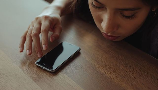 Reaching for smartphone on wooden table with woman resting head, intimate waiting moment