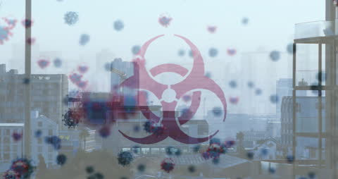 Virus Cells and Biohazard Symbol Overlay on Cityscape