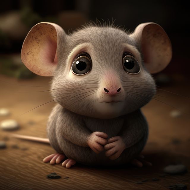 Close up of cute grey mouse on wooden background, created using generative ai technology. Mouse and animal concept digitally generated image.