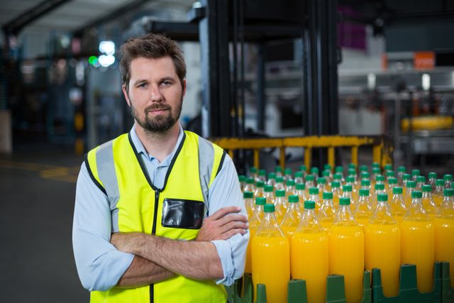 Portrait of factory worker standing with arms crossed in factory