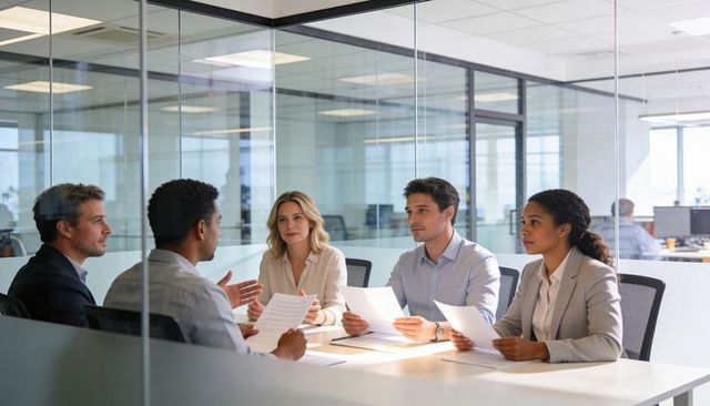 Business team reviewing documents in glass-walled conference room collaborating on strategy