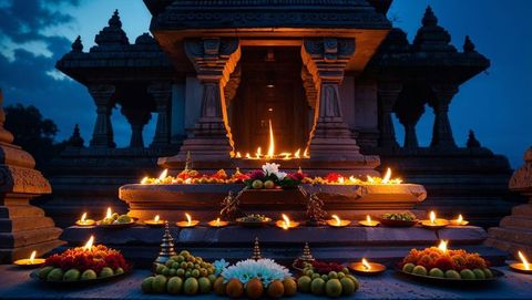 Illuminated temple steps with diyas at dusk, vishu festival