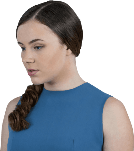 Transparent Thoughtful Brunette Woman in Blue Dress