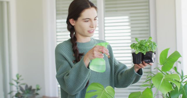Young woman nurturing household plants with green spray bottle indoors. Ideal for content on indoor gardening, plant care tips, eco-friendly lifestyles, and home improvement blogs.