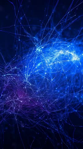 Vertical video: Pulsing neural node network shifting through cosmic digital void