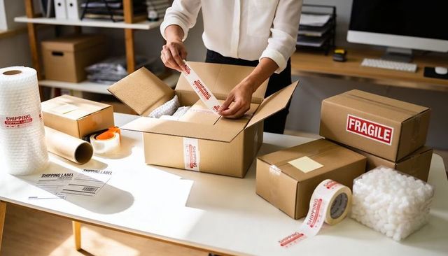 Small Business Sealing Boxes and Packing Orders with Shipping Tape and Fragile Labels