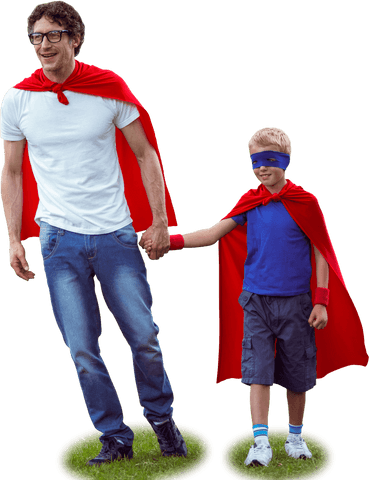 Father and Son in Superhero Costumes, Walking on Grass Transparent