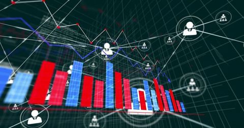 Central avatar growing on 3d financial bar chart network visualization with analytics